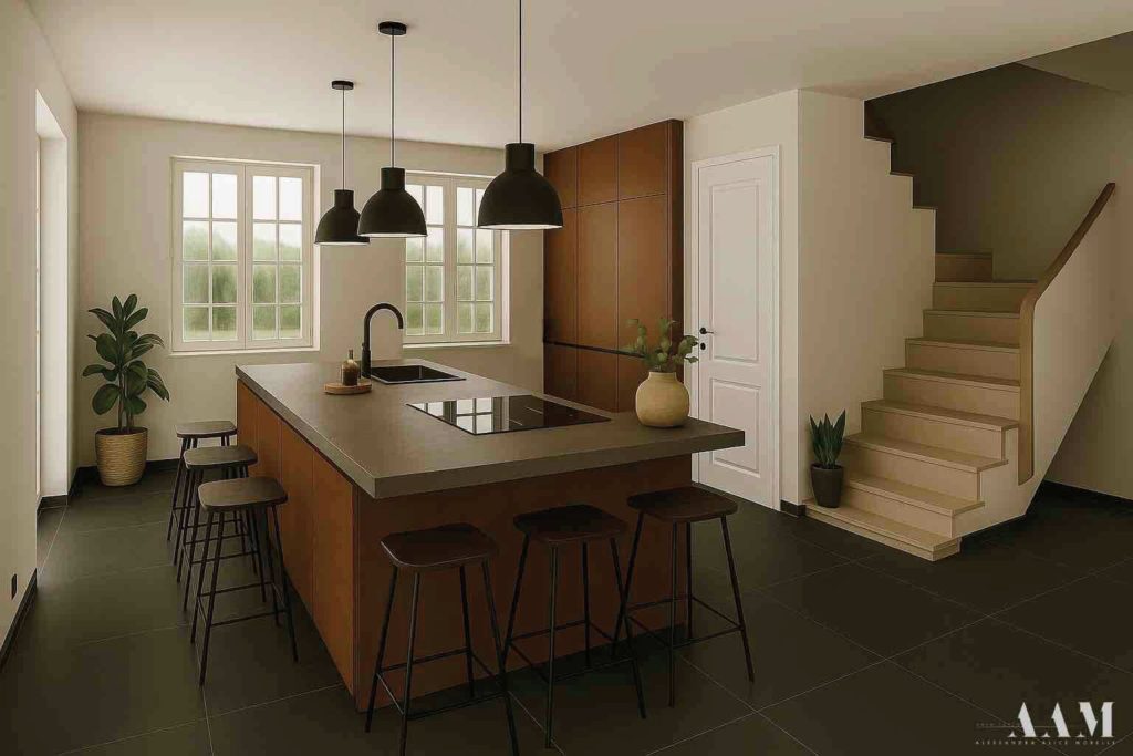 Render di una cucina con isola e scala in legno, progetto di nuova costruzione