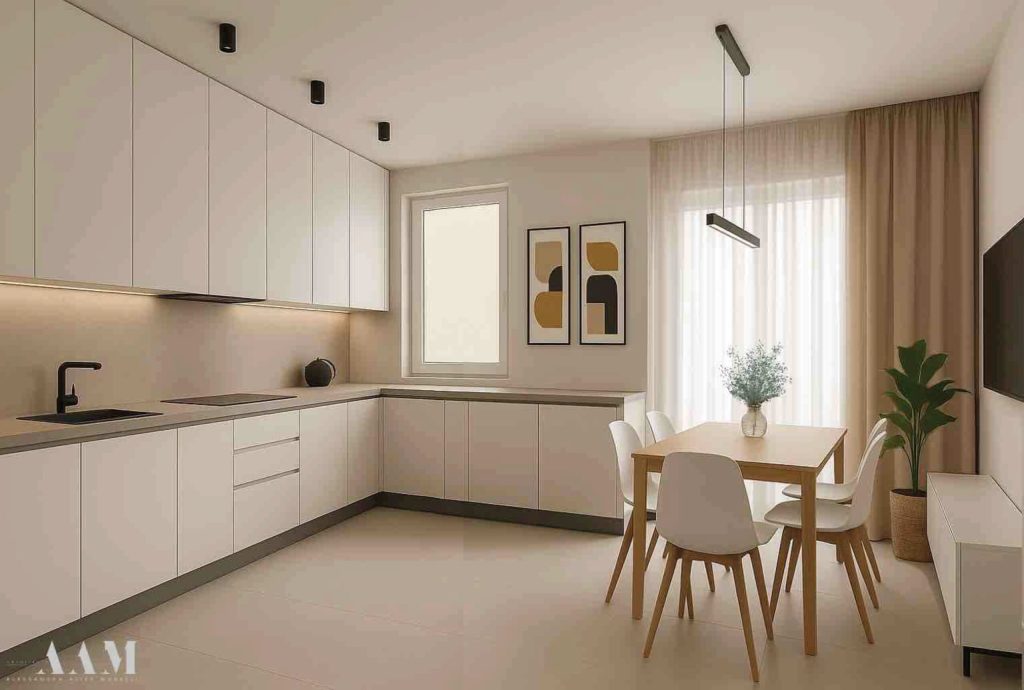 Render di una cucina bianca con zona pranzo, progetto di nuova costruzione