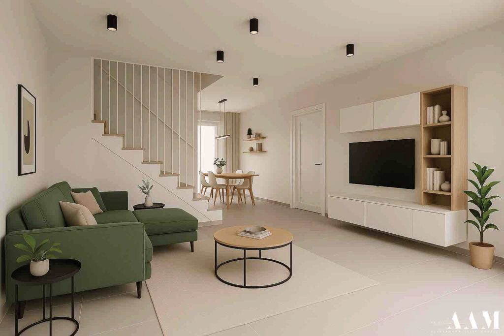 Render di un soggiorno open space con scala, progetto di nuova costruzione