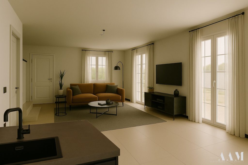 Render di un soggiorno luminoso con portefinestre, progetto di nuova costruzione